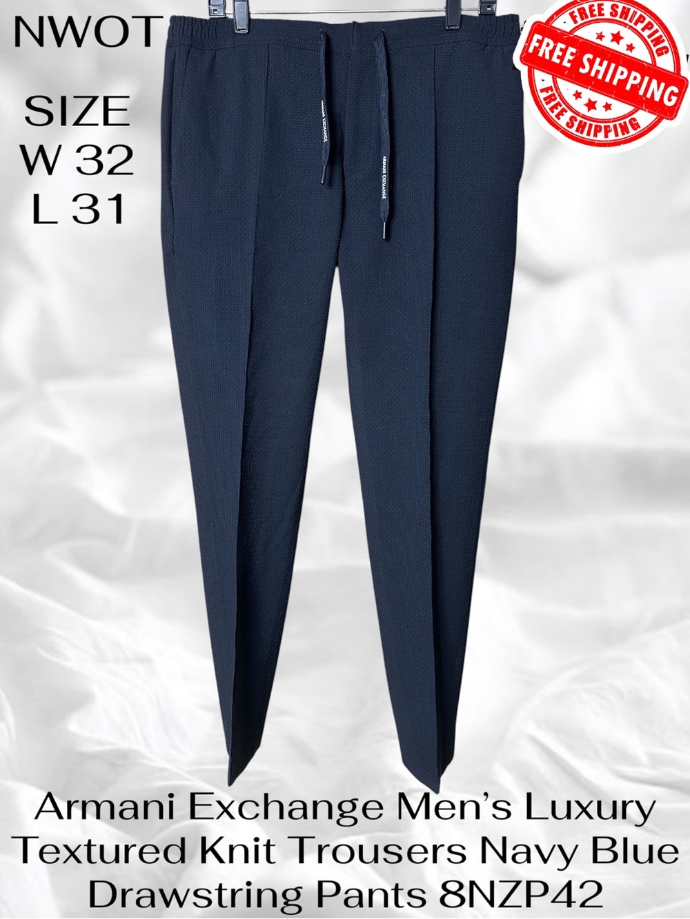 Armani Exchange Mens 32 Textured Knit Trousers Navy Blue Drawstring Pants 8NZP42